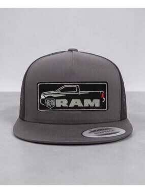 Dodge Ram Truck Patch on YP Flat Bill Trucker Hat Mesh Back Snapback charcoal/bl